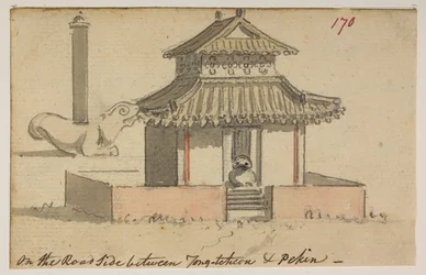 Tempel an der Straße zwischen Tong-tcheon und Peking, aus einem Album mit 372 Zeichnungen von Landschaften, Küstenlinien, Kostümen und Alltagsleben, erstellt während der Botschaft von Lord Macartney an den Kaiser von China, zwischen 1792 und 1794