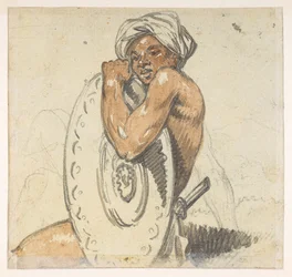 Junger Mann mit Schild, aus einem Album von 372 Zeichnungen von Landschaften, Küstenlinien, Kostümen und Alltagsleben während der Botschaft von Lord Macartney an den Kaiser von China, zwischen 1792 und 1794