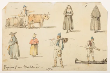 Figuren aus Madeira, 1792, aus einem Album von 372 Zeichnungen von Landschaften, Küstenlinien, Kostümen und Alltagsleben während der Lord Macartney-Botschaft an den Kaiser von China, zwischen 1792 und 1794