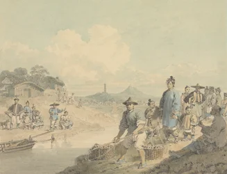 Ansicht in China: Figuren mit Pagode und Berg