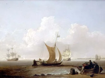 Eine niederländische Kaag und andere niederländische Schiffe vor der Küste Hollands