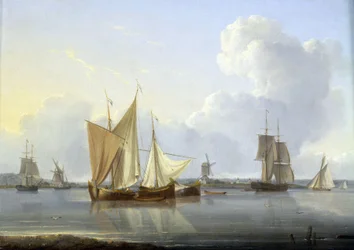 Ankunft in Limehouse, London (England), verschiedene Boote auf der Themse und eine Mühle am Ufer, und rechts das Greenwich Hospital. Öl auf Leinwand, ca. 1820, von William Anderson (1750-1778).