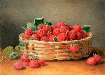 Stillleben mit Himbeeren in einem Weidenkorb