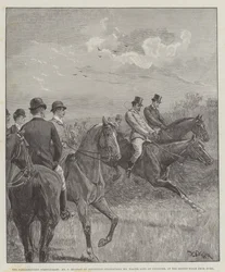 Das parlamentarische Hindernisrennen, Mr. F. Mildmay auf Discretion überholt Mr. Walter Long auf Crusader, am zweiten Hindernis von Zuhause