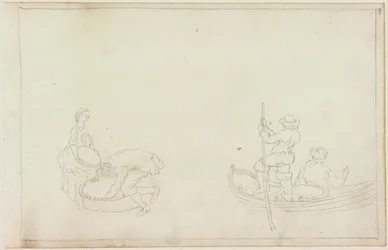 Zwei Schiffer und Mann und Frau mit Korb