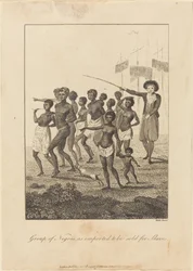 Gruppe Schwarzer Menschen, die eingeführt wurden, um als Sklaven verkauft zu werden, 1793.