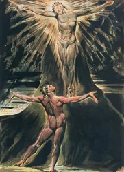 Jerusalem, die Emanation des Riesen Albion; Tafel 76: Albion vor Christus, gekreuzigt am Baum der Erkenntnis von Gut und Böse, 1804-20