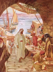 Jesus befiehlt Matthäus, dem Zöllner, ihm zu folgen