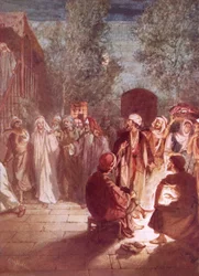 Petrus bereut, nachdem er Jesus dreimal verleugnet hat, als Jesus sich umdreht und ihn ansieht
