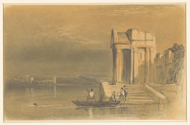 Tempelruinen an einem See in einer italienischen Landschaft