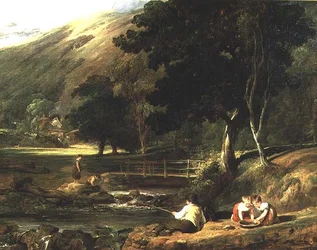 Borrowdale, Cumberland, mit spielenden Kindern am Bach