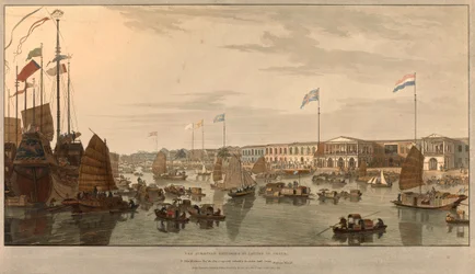 Europäische Handelsposten (Ostindien-Kompanien) in Kanton, China. Gezeichnet und graviert von William Daniell (1769-1837) 1805