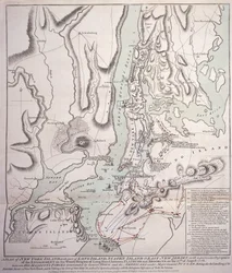 Plan der Insel New York mit einem Teil von Long Island, Staten Island und Ost-New Jersey und dem Gefecht auf den bewaldeten Höhen von Long Island zwischen den britischen Streitkräften unter dem Kommando von General Sir William Howe