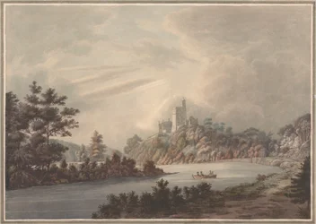 Landschaft, Burg an einem Fluss