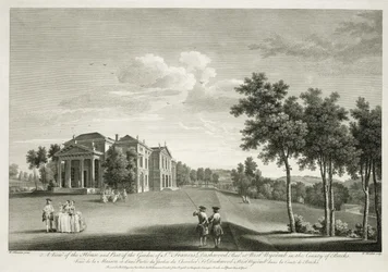 Ansicht des Hauses und eines Teils des Gartens in West Wycombe, Buckinghamshire, graviert von William Woollett
