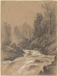 Berglandschaft, Bach und Wasserfall