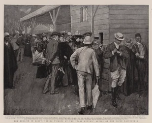 Die Engländer in Ägypten, beim Ticketkauf im Pari Mutuel Büro auf der Kairoer Rennbahn