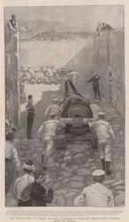 Die Evakuierung von Kreta, britische Matrosen entfernen abmontierte türkische Kanonen in Candia