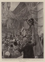 Die Prozession passiert die Gerichte, die Infanterie mit einer erbeuteten Transvaal-Flagge