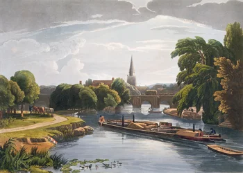 Abingdon-Brücke und Kirche, graviert von Robert Havell der Jüngere (1793-1878), veröffentlicht 1818