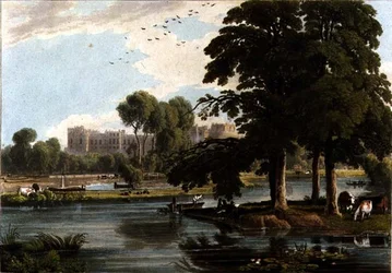 Ansicht von Windsor Castle vom Spielplatz des Eton College, graviert von Robert Havell, 1814