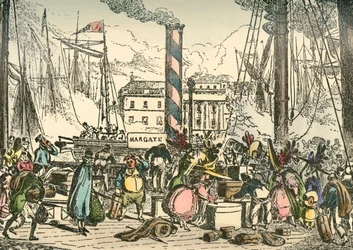 An Bord des Margate-Dampfschiffs am London Bridges Wharf, 1838