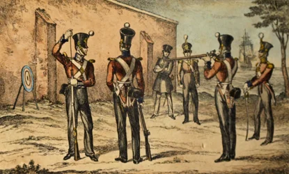 Gegenwärtige Uniform der Marines beim Zielscheibenschießen, ca. 1835 (handkolorierte Radierung)