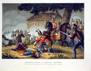Die Horse Guards in der Schlacht von Waterloo, graviert von Matthew Dubourg aus 