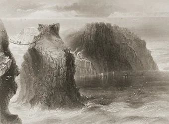 Carrick-a-Rede Hängebrücke, County Antrim, Nordirland, aus 