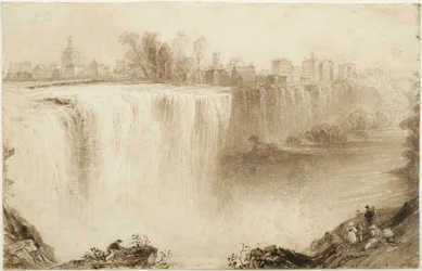 Genesee-Fälle, Rochester, New York: Studie für einen Stich, 1836 (Braunwaschung mit Kratztechnik auf Papier)