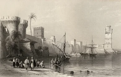 Hafen von Rhodos, Griechenland, graviert von J.C. Armytage
