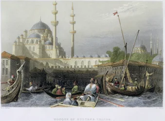 Moschee der Sultana Valide vom Hafen aus, graviert von William Wallis, ca. 1850