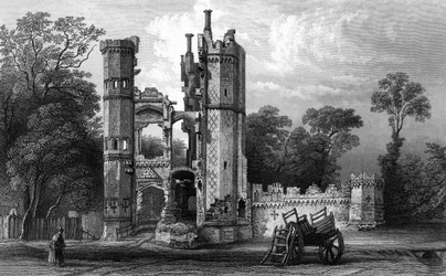 Überreste von Nether Hall, nahe Harlow, Essex, graviert von John Rogers, ca. 1832