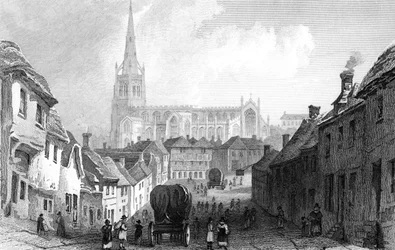 Thaxted von Süden, Essex, graviert von J. Rolph, 1832