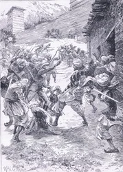 Leutnant Harley führt den Ausfall aus Fort Chitral an, Illustration aus Cassells Geschichte Englands, 1900er Jahre