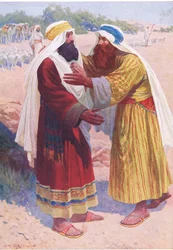Die Begegnung von Jakob und Esau, aus Das Bibelbilderbuch, veröffentlicht von Thomas Nelson, ca. 1950