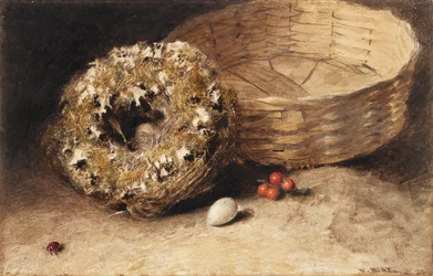 Stillleben mit Korb, Nest, Ei, roten Johannisbeeren und Marienkäfer
