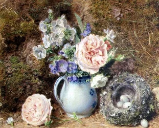 Stillleben mit Blumen und Nest