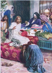 Maria und das Alabastergefäß, aus „The Bible Picture Book“, herausgegeben von Thomas Nelson, um 1950