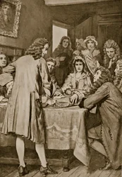 Paterson erklärt das Darien-Schema in Edinburgh, 1694, Illustration aus 