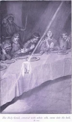 Der Heilige Gral, mit weißer Seide bedeckt, kam in die Halle