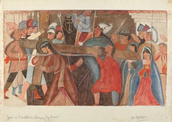 Station des Kreuzes Nr. 5: Jesus wird beim Tragen seines Kreuzes unterstützt, ca. 1936