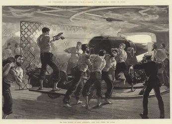 Die Bombardierung von Alexandria, die Hauptbatterie der HMS Alexandra (Backbordseite) während der Aktion