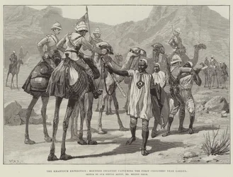 Die Khartoum-Expedition, berittene Infanterie fängt die ersten Gefangenen in der Nähe von Gakdul
