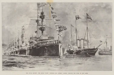 Die Marineparade, die königliche Yacht Victoria und Albert passiert die Linien der Flotte