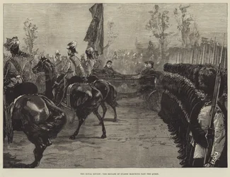 Die königliche Überprüfung, die Brigade der Wachen marschiert an der Königin vorbei