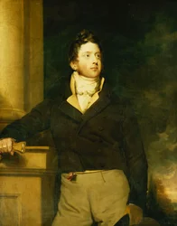 Porträt eines Gentlemans, stehend, Dreiviertellänge, mit brauner Jacke und weißem Jabot, in einer Landschaft