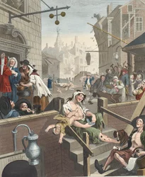 Die Schnapsgasse, Illustration aus „Hogarth Restored: The Whole Works of the celebrated William Hogarth, re-engraved by Thomas Cook“, veröffentlicht 1812