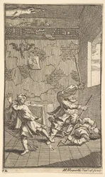 Hudibras schlägt Sidrophel und Whachum, siebzehn kleine Illustrationen für Samuel Butler, 1721-26