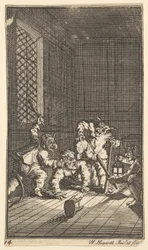 Hudibras wird verhört, siebzehn kleine Illustrationen für Samuel Butlers Hudibras, Nr. 14, 1721-26